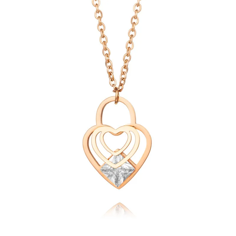 

Fashion new trendy design jewelry stainless steel zircon crystal double heart locket necklace, Rose gold