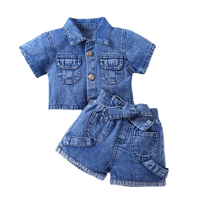 

Fashion Toddler Girl Clothing set ruffled short sleeve denim jacket top + jeans shorts 2pcs set clothing for kids, Picture shows