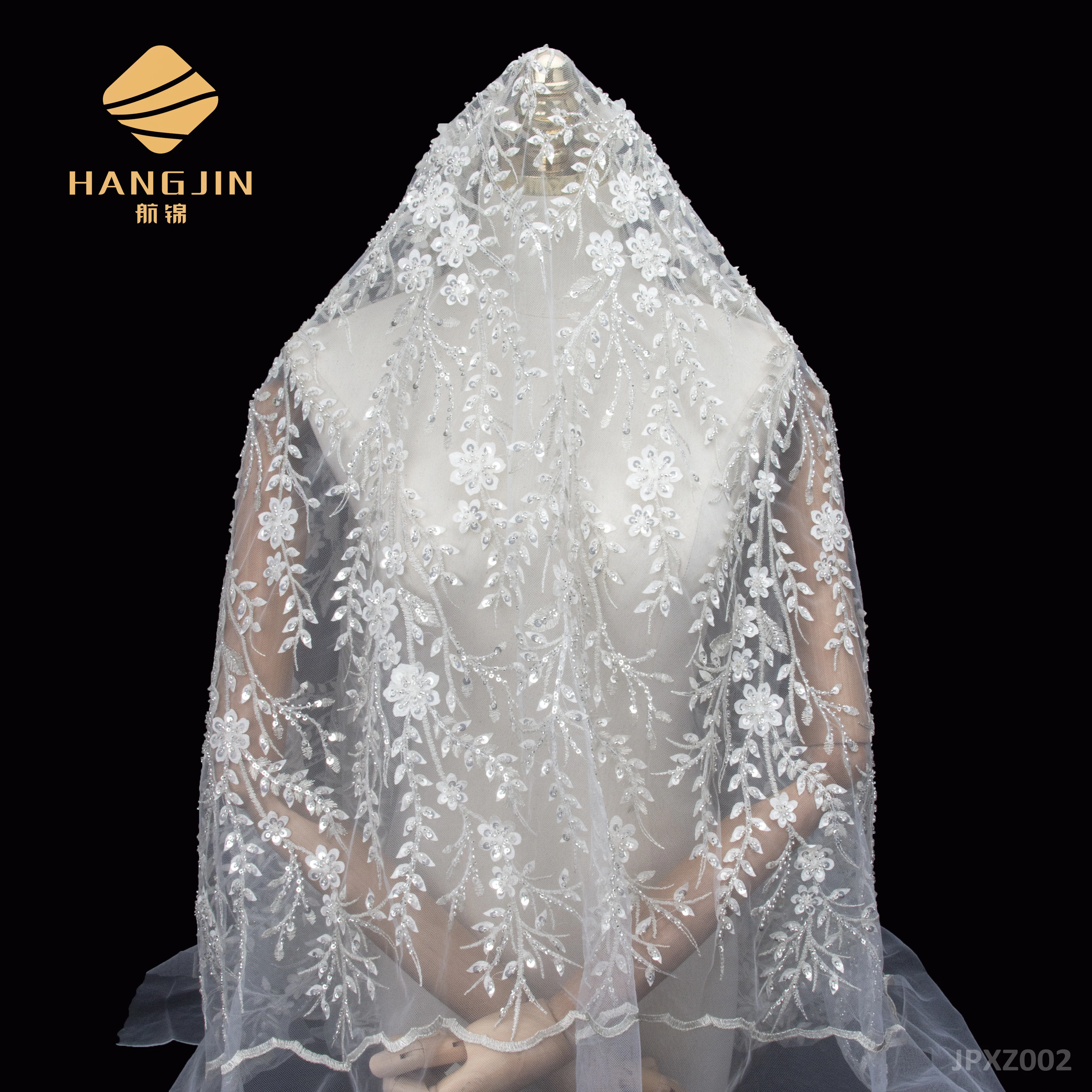 

Fashionable High-End Embroidered Tulle Fabric with Bead Tube Laser Flower Embroidery for Bridal Dinner Dress Custom-Made Dress