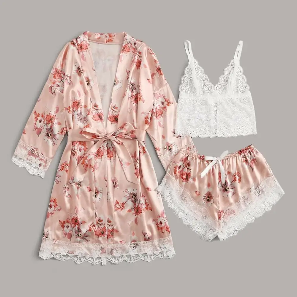 

2021 Hot Style Sexy Flowers Printing Sleepwear Women 3 Pieces Soft Pajamas Set