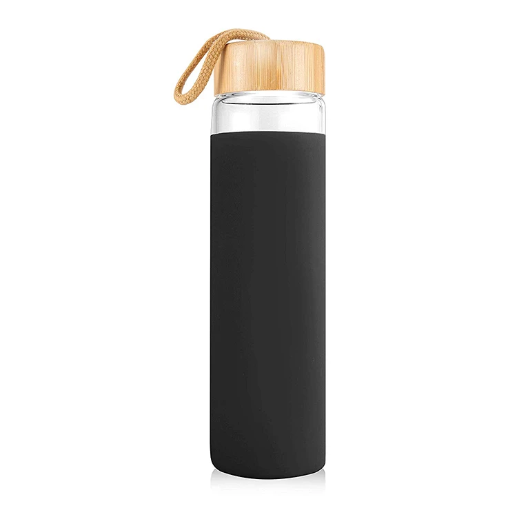 

20oz Eco Friendly Custom Unbreakable Clear Borosilicate Glass Water Bottle With BPA Free Bamboo lid and Silicone Sleeve