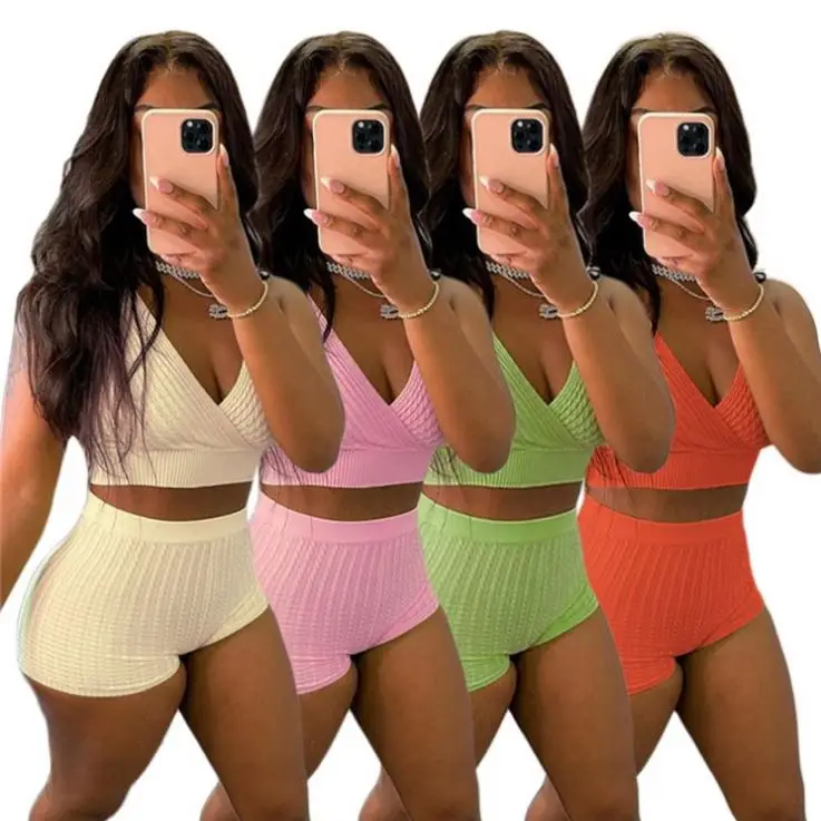 

Hot Selling 2021 Summer V Neck Solid Color Rib 2 Piece Short Set Women Two Piece Set Outfit
