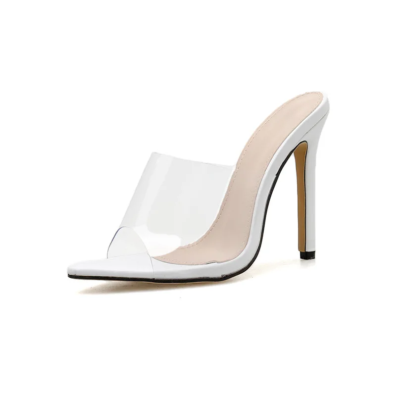 

2020 Large Size Pointed High-heeled Transparent Female Slippers, White