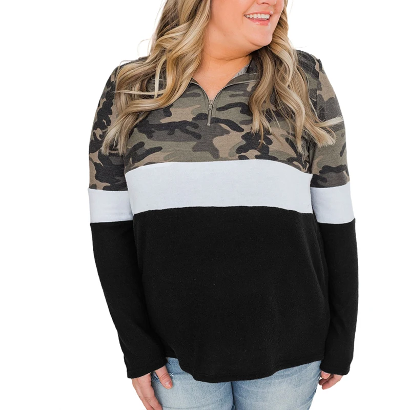 

2021 Fall Women Clothes Long Sleeve Casual Quarter Zip Camo Color Block Zip Sweatshirt Plus Size