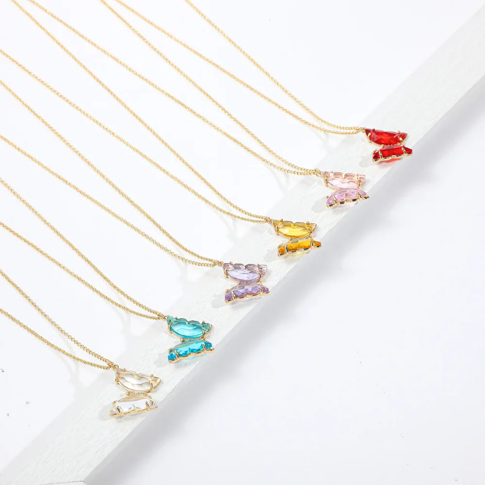 

Elegant Gold Plated Colorful Stone Butterfly Necklace Glass Crystal Butterfly Pendant Necklace, As pictures