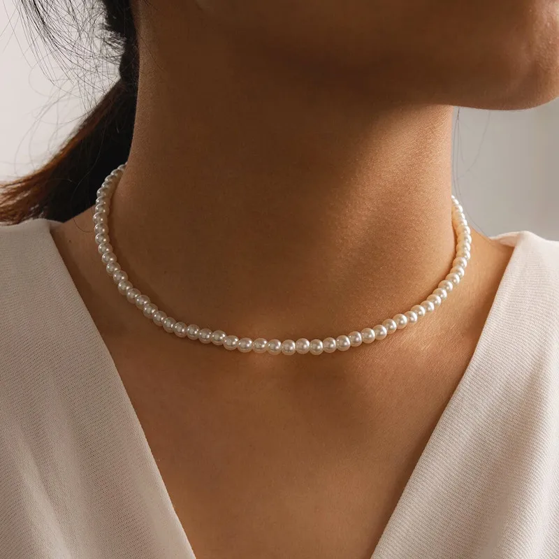 

Women Elegant White Imitation Pearl Choker Necklace Charm Big Round Pearl Necklace Fashion Wedding Jewelry, As pic or customized