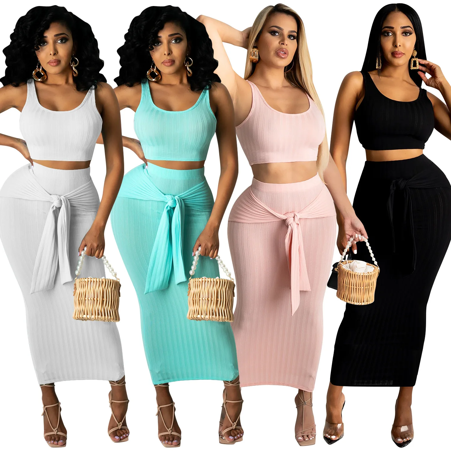 

2021 Summer Sleeveless Vest Top Short Skirt Women Set Solid Color Bodycon Buttocks Two Piece Maxi Skirt Set, Black,white,green,pink