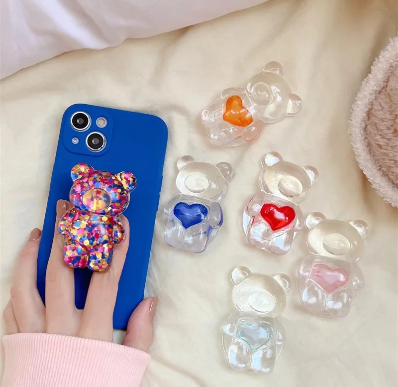 

3D Cute Colorful Love Heart Crystal Bear Grip Tok Korea Phone Holder Lovely Grip Phones Support Telephone For iphone 13 Bracket, Multi