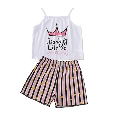 

F302879A Sleeveless T shirt stripe printing shorts girls' clothing sets, As picture