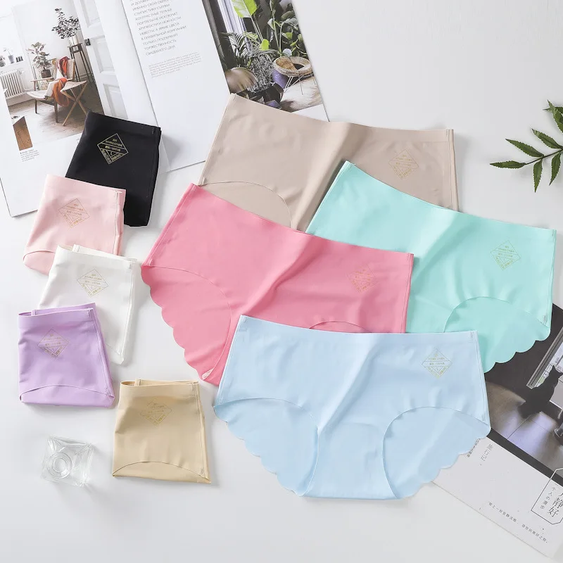 

One piece solid color ice silk underwear women's breathable middle low waist seamless student large size wave briefs panties, White, purple, black, pink, blue, skin , green, watermelon red