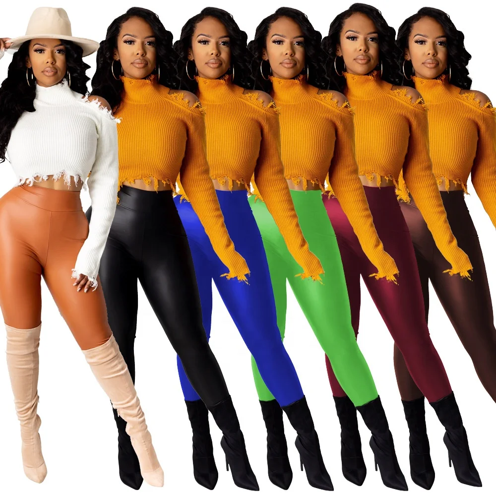 

B63748A Cross-border new design PU polyester polished slim sexy fashion pants, Black/blue/wine red/brown/coffee/green