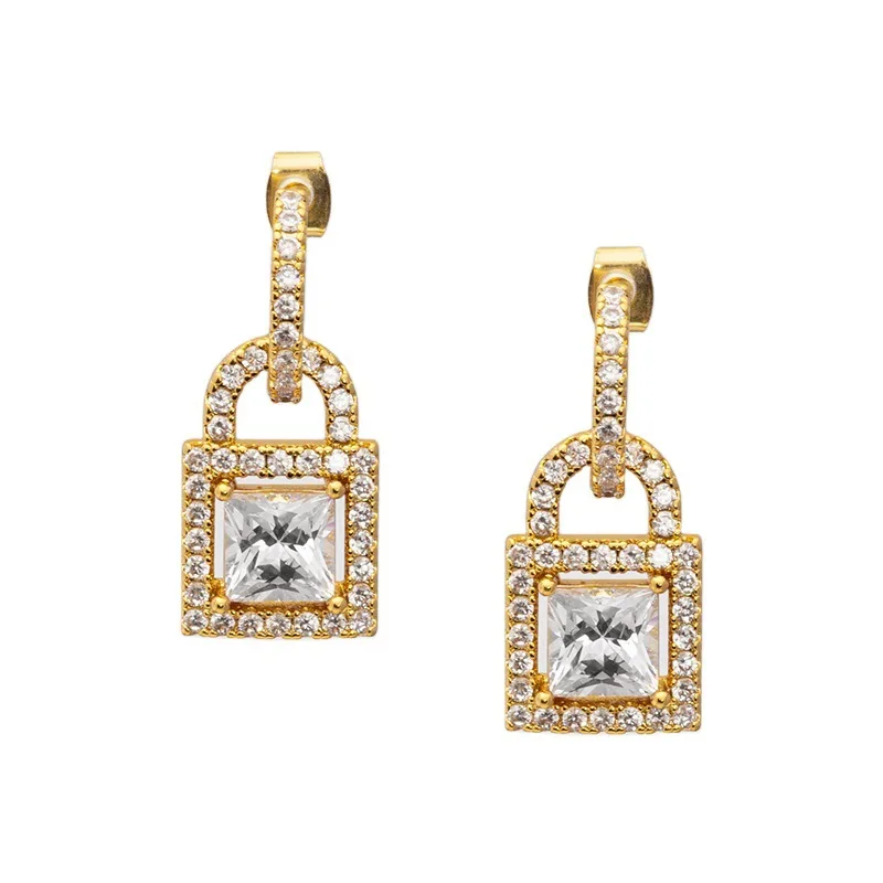 

INS Hot Sell Brass Gold Plated Luxury Square Zircon Small Lock Earrings, As picture