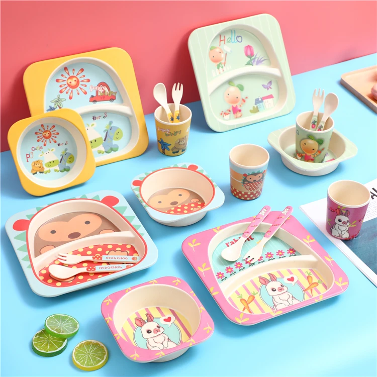 

BPA free children dinnerware bowl plate bamboo fiber melamine kid cartoon children tableware set