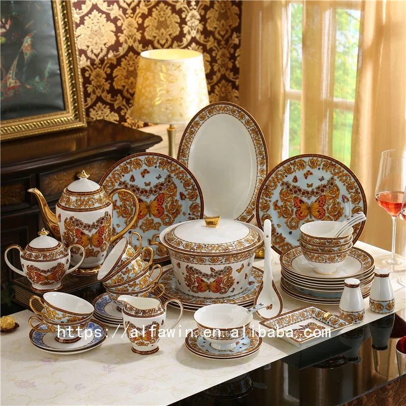 

Wholesale 58pcs kitchen utensils dinnerwares set and coffee set dishes bowl spoon and plates porcelain dinner set, As shown