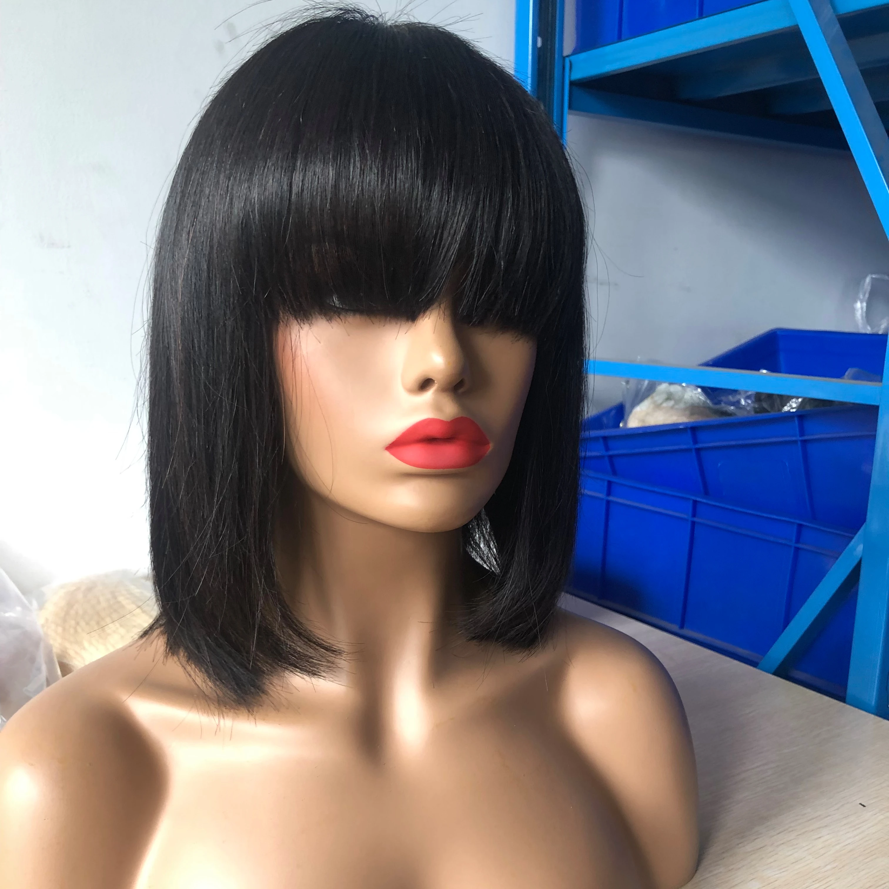 Short Bob Front Lace Human Hair Wig 150% Density With Thick Bangs Natural Color Glueless Wigs For Black Woman Short Bob Front Lace Human Hair Wig 150% Density With Thick Bangs Natural Color Glueless Wigs For Black Woman