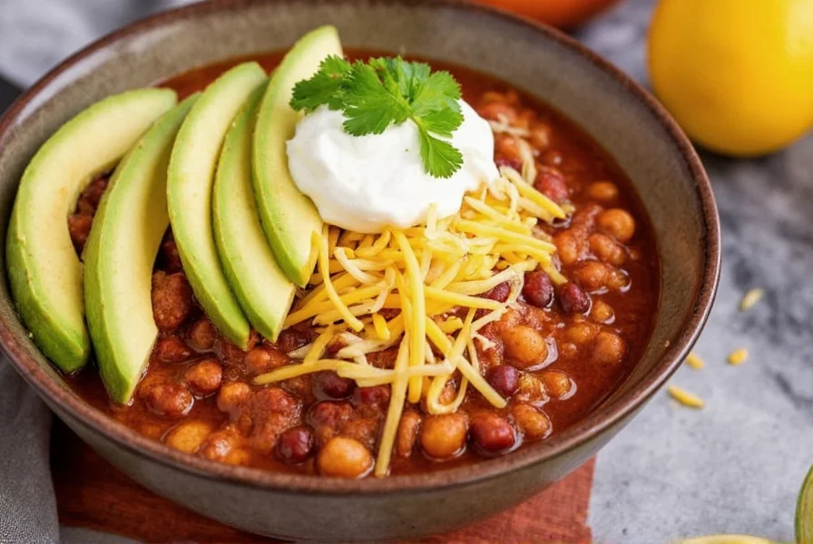 Colorful bowl of chili topped with avocado slices, shredded cheese, sour cream, and fresh cilantro