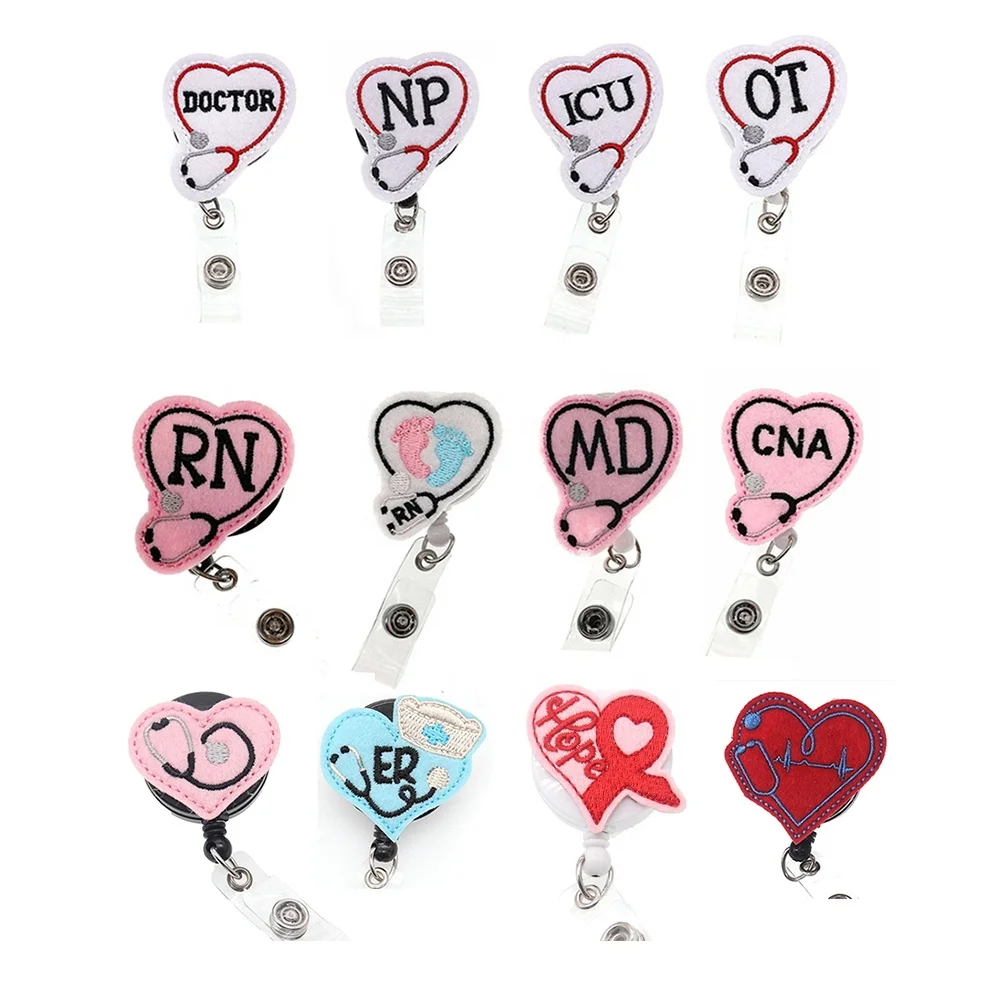 

Medical Heart RN CNA ICU MD ER Stethoscope Retractable Felt ID Badge Holder Reel For Nurse Accessories, As picture