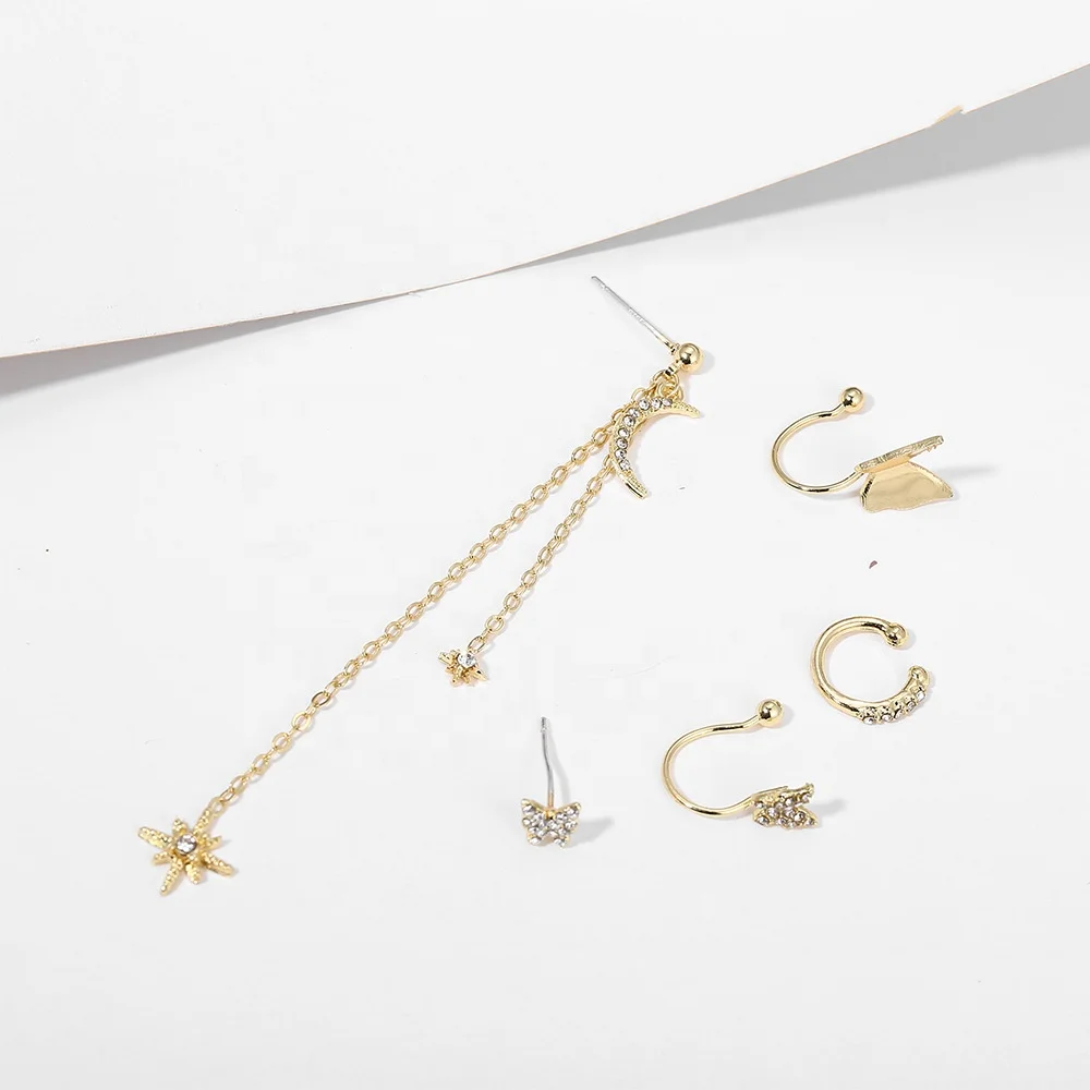 

5pcs Women's Creative butterfly star moon rhinestone tassel earring set, Gold/silver