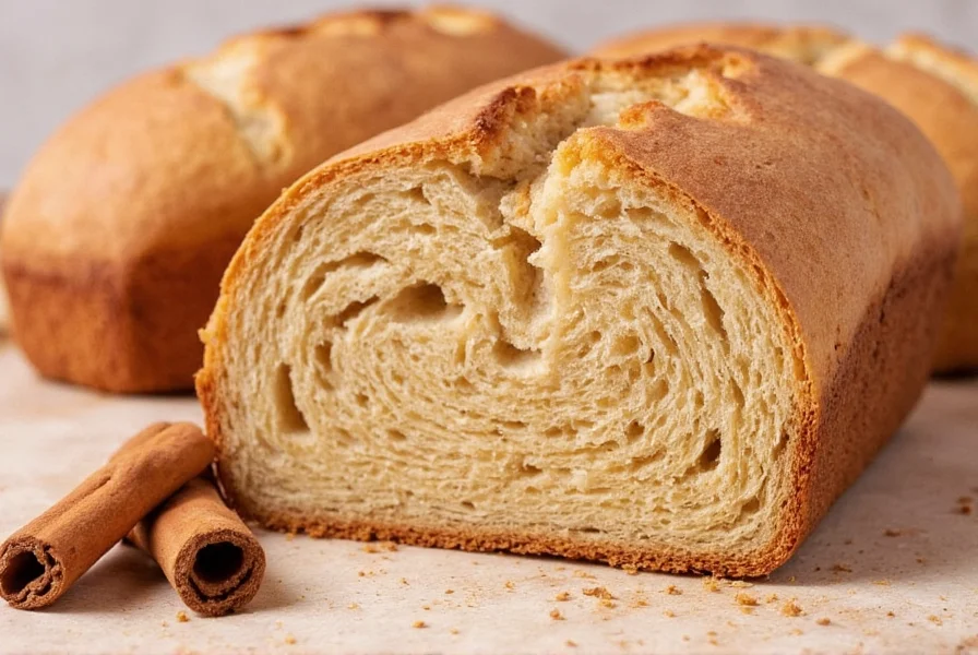 Step-by-step cinnamon bread preparation showing dough rolling, filling application, and final baked loaf with perfect swirl pattern