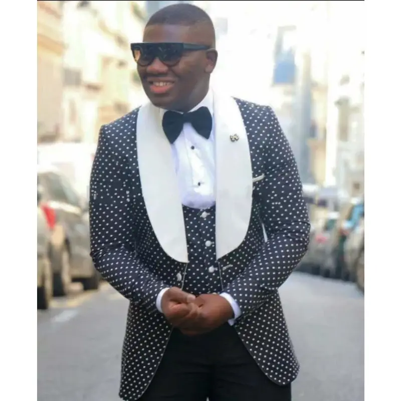 

New Design Fashion Dots Suits Tuxedos Custom Made Slim Fit Groomsmen Mens Wedding Man Jacket Blazer, Black