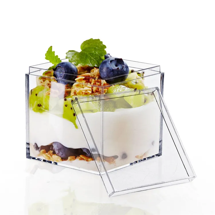 

130ml Candy Box Cube Dessert Cup Geometric Shape Snack Box Square Acrylic Dessert Cup Simple Clear Dessert Cups With Lids