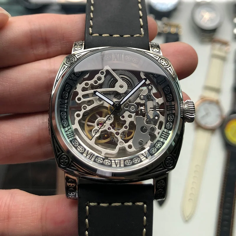 RTS no moq stainless steel retro punk black carving pattern skeleton seagull st1646 mechanical automatic movement watch man