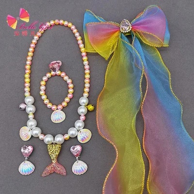 

BELLEWORLD New arrival children necklace mermaid tail ring earrings children jewelry set for girls kids dress up costume, Picture shows