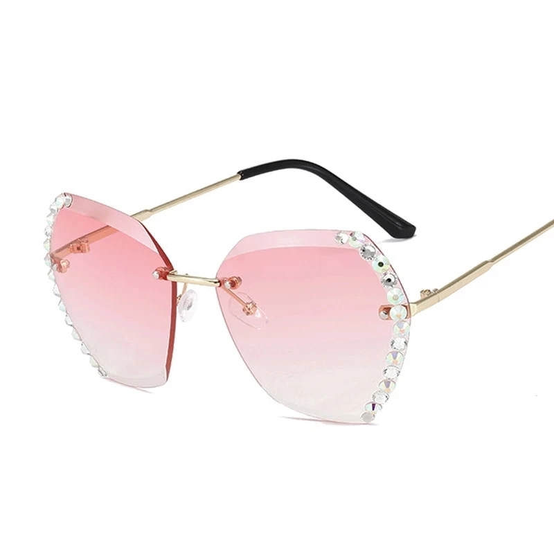 

2021 Fashion Rimless Sunglasses Women Big Frame Sunglasses Female Summer Travel Style Diamond Black Pink Shades For Ladies
