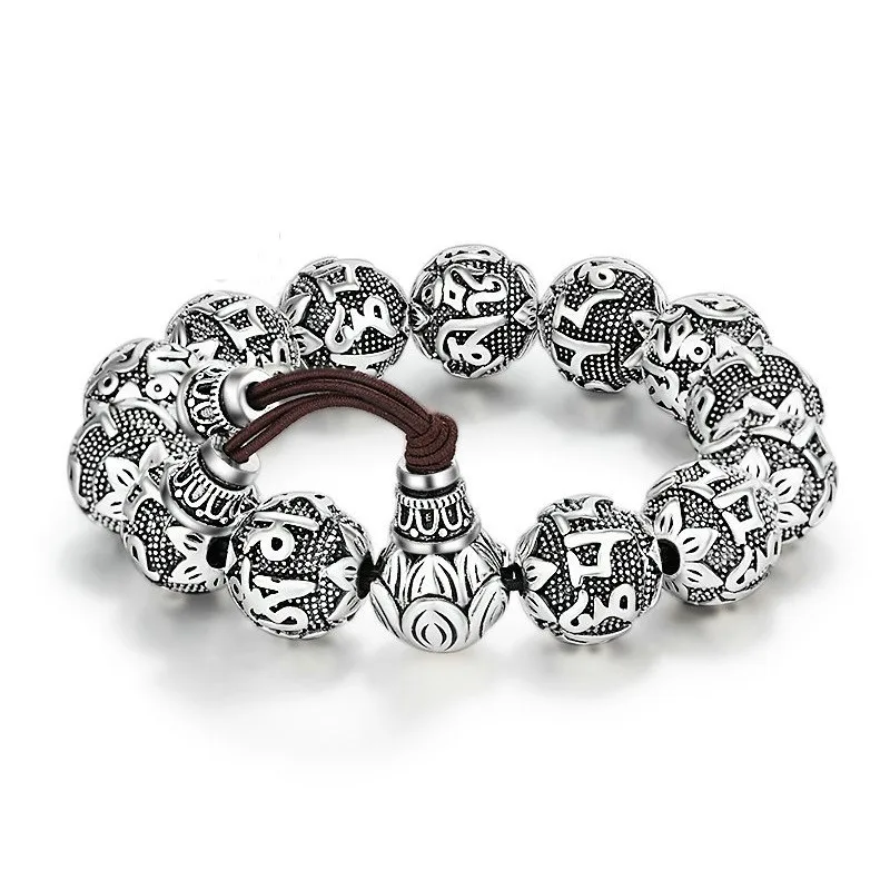 

Real Solid 990 Silver Buddhist Bracelet Mens Mantra Beads Carved Six Words Om Mani Padme Hum For Tibetan Prayer Elastic Rope