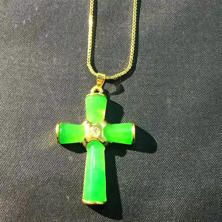 

Jialin jewelry 2020 best selling wholesale gold plated green agate chinese jade cross pendant women charm necklace