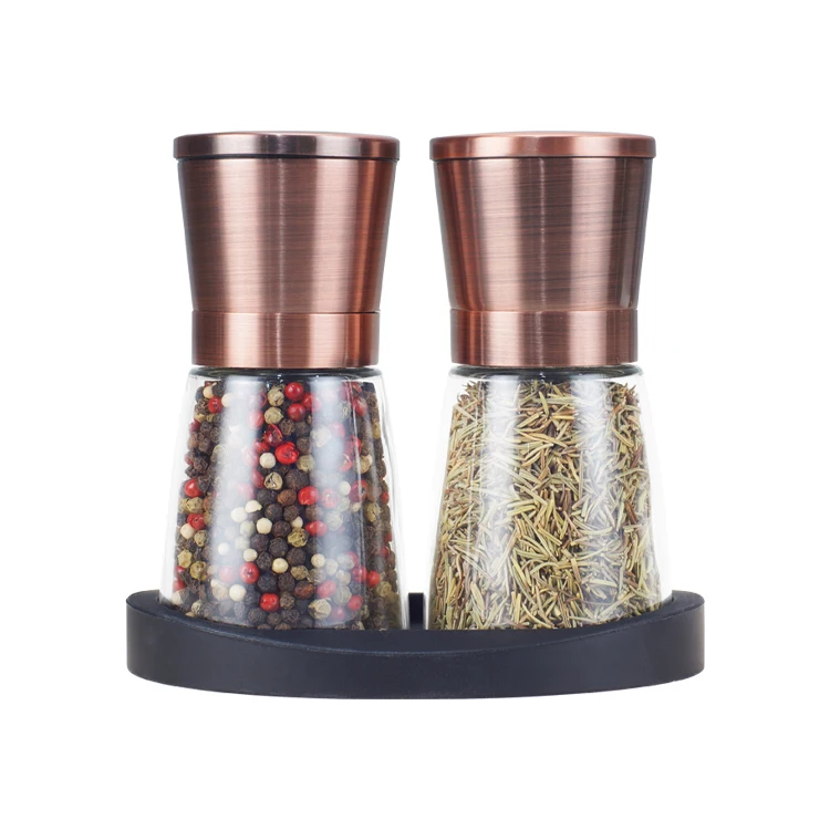 

18/8 304 Stainless Steel Copper Pepper Salt and Spice Ceramic Mill Set with 170ml Glass Jar and Silicon Base