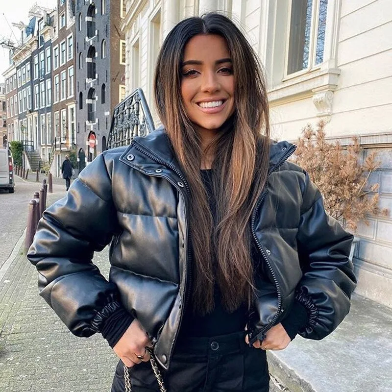 

2022 CP Winter Thick Warm Short Parkas Women Fashion Black PU Leather Coats Women Elegant Zipper Cotton Jackets Female Ladies, Mix color or custom colors