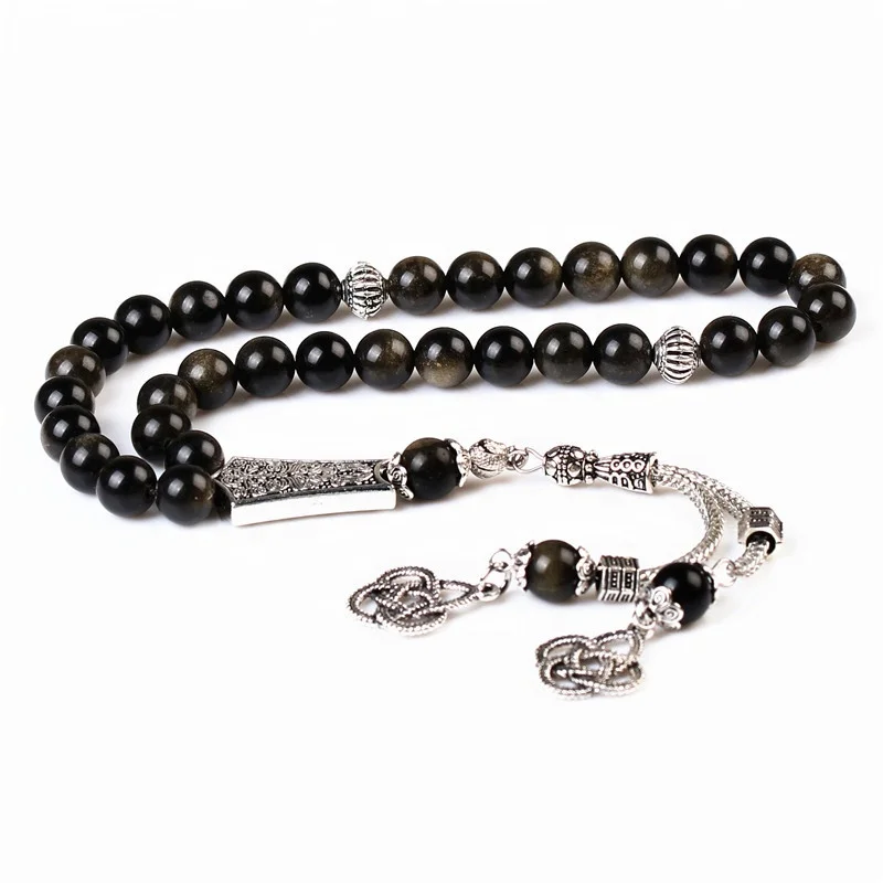 

Hot Sale Natural Gold obsidian stone Silver Tassel Muslim Misbaha Tasbih Rosary Subha Islamic Prayer Beads Necklace