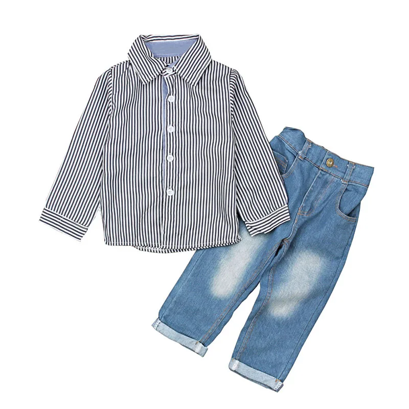 

In stock blue stripe t-shirt matching denim jeans two piece fashion kids boy clothing set, As picture show
