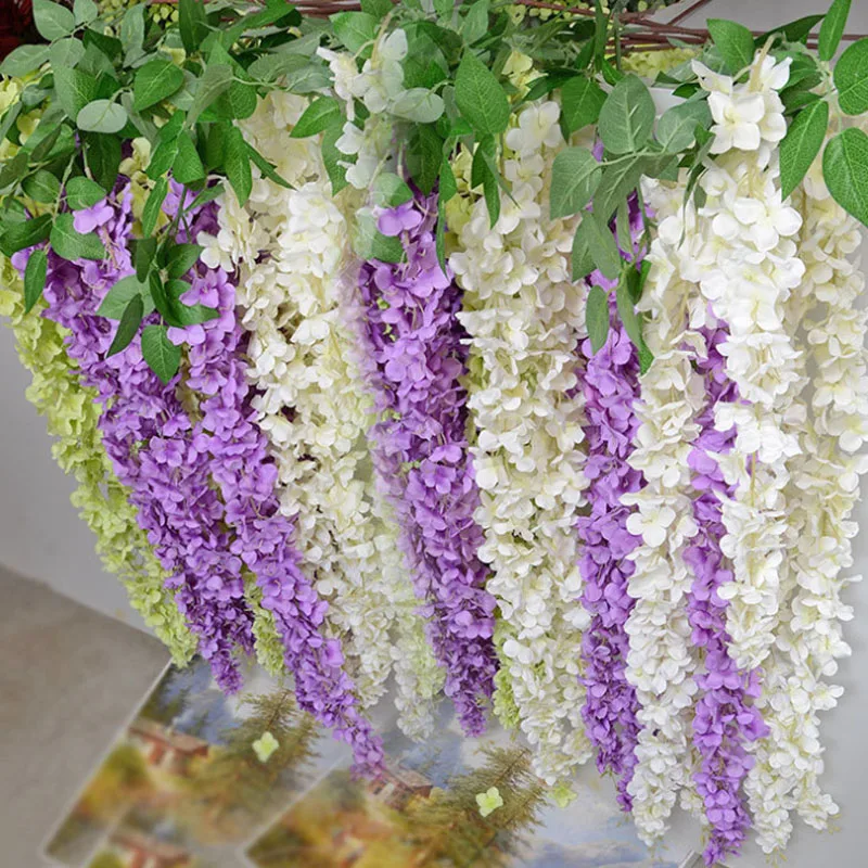 Cheap Decorative Plastic Vine Long Stem Silk White Wisteria Flowers