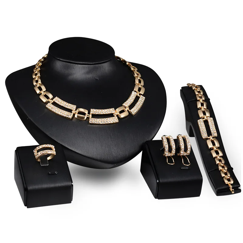 

VRIUA Women New 4 Piece African Fashion Jewelry Sets Rectangle Luxury Brazilian Saudi Gold Dubai Crystal Wedding Bridal Jewelry