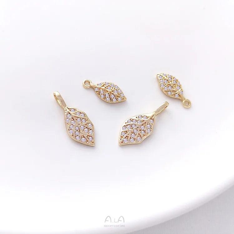 

14k Gold Plated Long Lasting Color Retention Inlaid Zircon Small Leaf Shaped Pendant For Jewelry Making Supplies