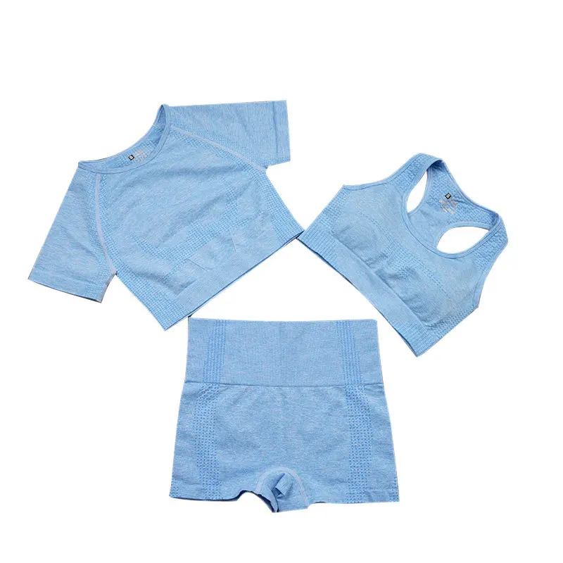 

Custom Logo 3 Pieces Women Shorts Yoga Sets Athletic Wear Fitness Crop Top Sports Bra Shorts Suits Seamless Yoga Shorts Set, As the picture shows