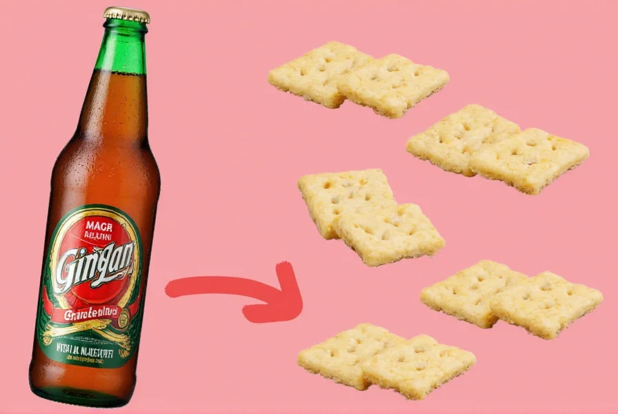 Ginger root slices next to glass of ginger ale and saltine crackers