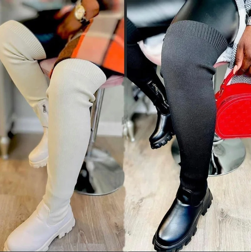 

2021 White Chelsea Fall Flat Size 43 Knit Girls Woman Tall Thigh Knee High Overknee Socks Women's Shoe Boot For Ladies