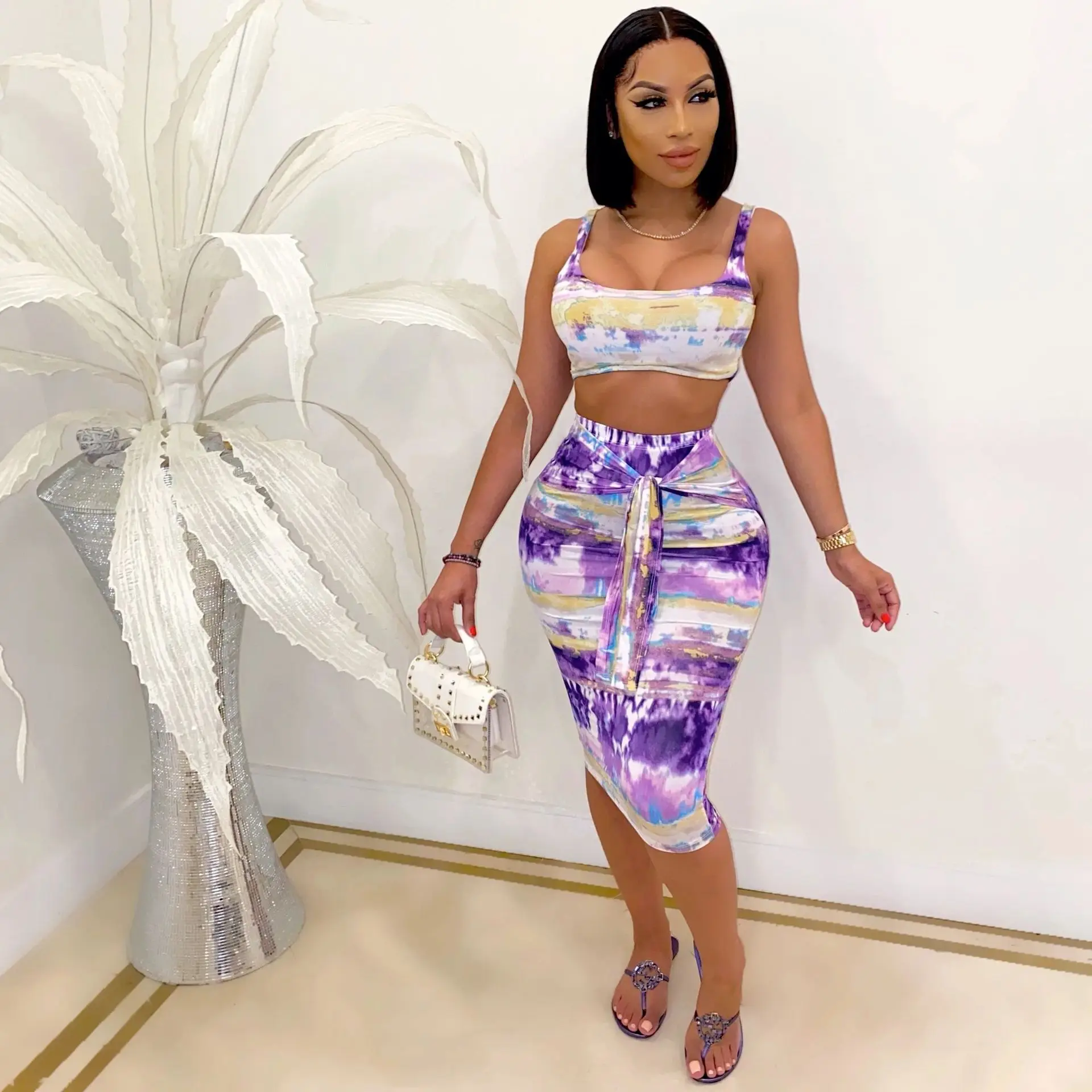 

H6061 - Skirt And Top Sexy Tie Dye Sleeveless 2 Piece Set Women