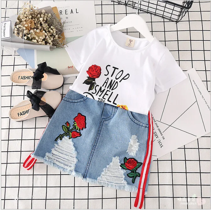 

Summer 2pcs children T-shirt jeans shorts suit roupas para bebes baby items infant clothing little toddler girl kid clothes sets