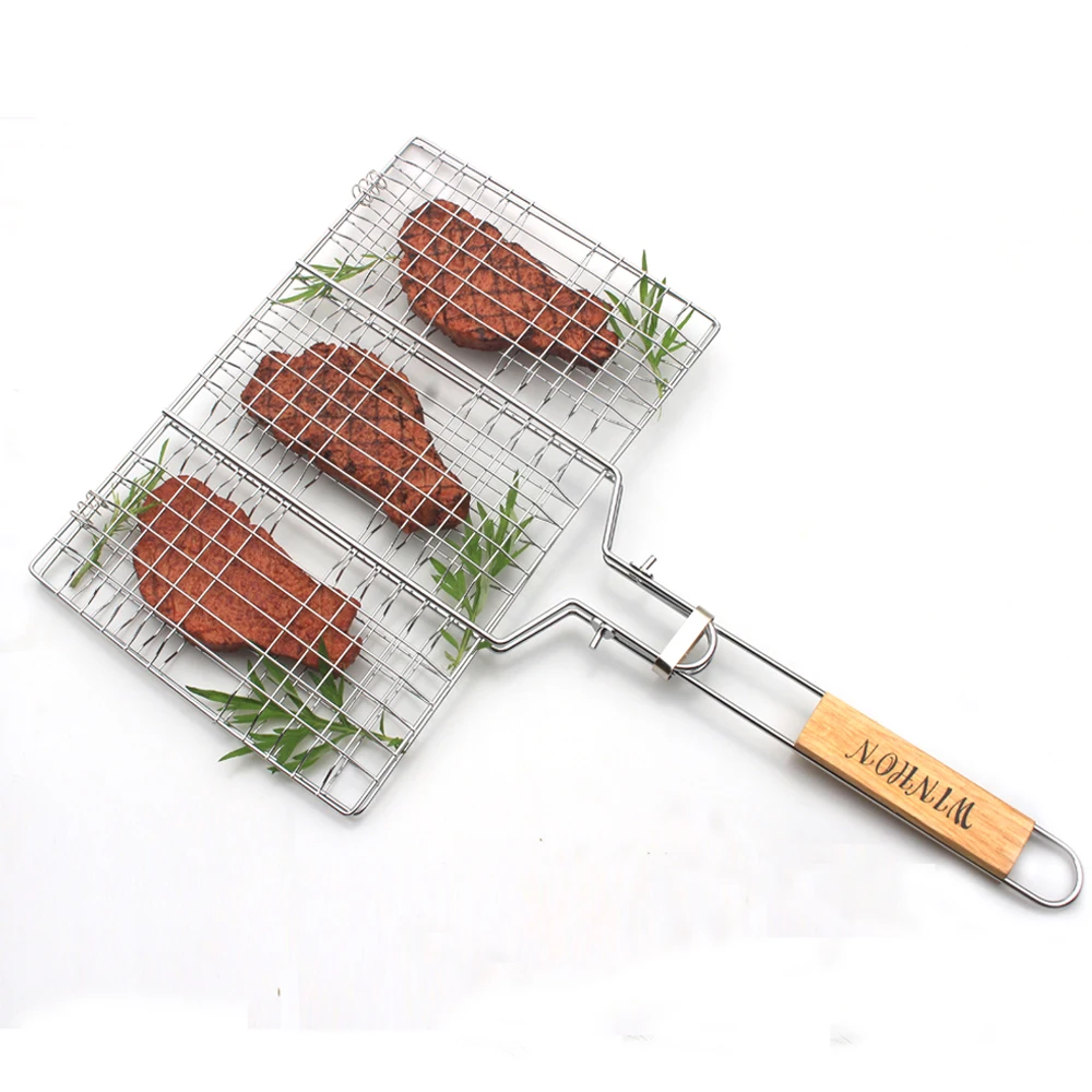 

Barbecue Net Wooden Handle BBQ Tool Grilled Fish Stainless Steel Portable BBQ Grilling Basket BBQ Accessory