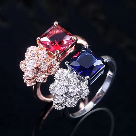 

Custom multicolor Rose Petals Square Blue Red Crystal Zircon Ring Engagement Wedding Ring For women Best Gift Party Jewelry