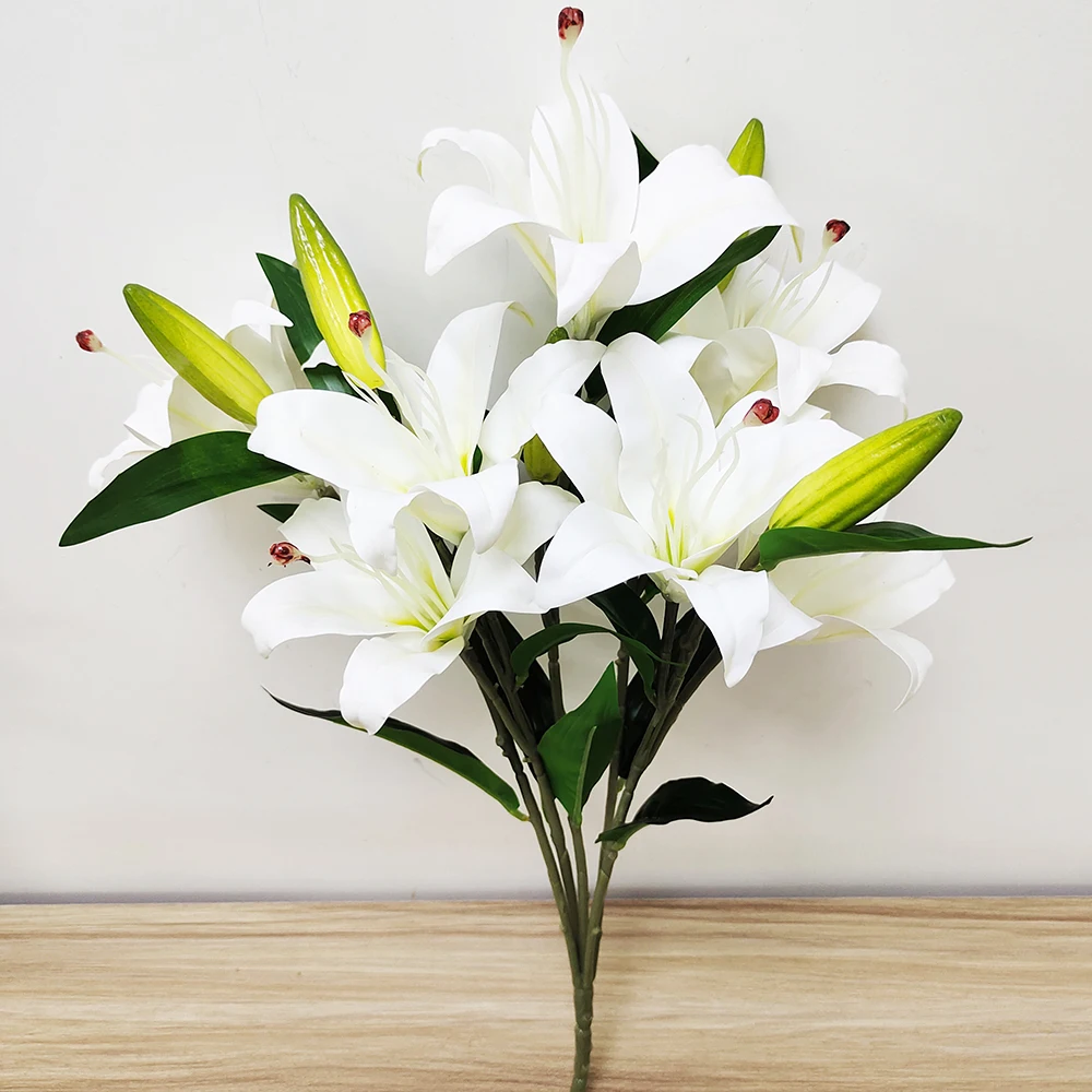 

7pcs Flowers Artificial Lily Bouquet Silk Fabric Green Leaves Flower Yellow Decor for Home Party Wedding Table Vase Decoration, White pink or custom