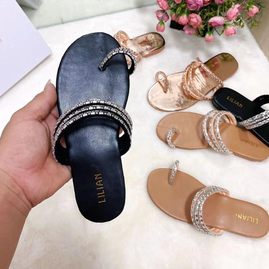 

LESLIDES 2021 Fashion Glitter Shiny Straps Sandals for Women Summer Casual Flat Flip Flop Designs Toe Ring Beach Slides Slippers, Black brown rose gold