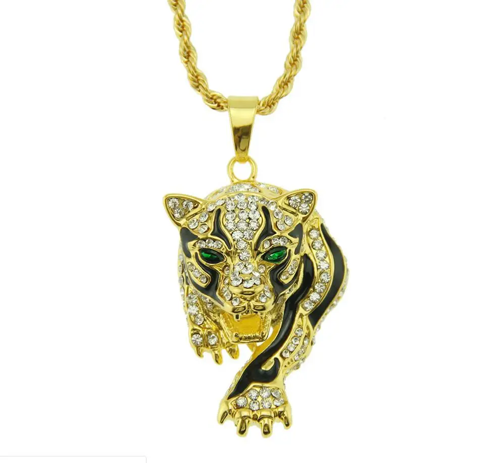 

Fashion Tiger Shape Pendant Necklace Men's Stainless Steel Animal Inlaid Crystal Pendant Accessories Jewelry, Gold silver