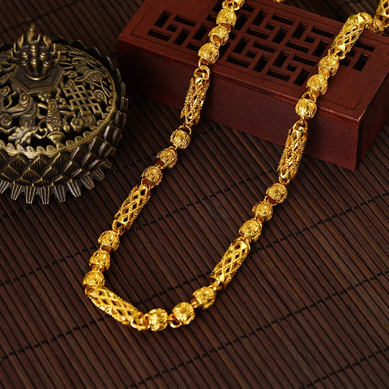 

New Vietnam Placer Gold Men's Necklace Vintage Style Atmospheric Hollow Cylindrical Chain Brass Alloy Jewelry