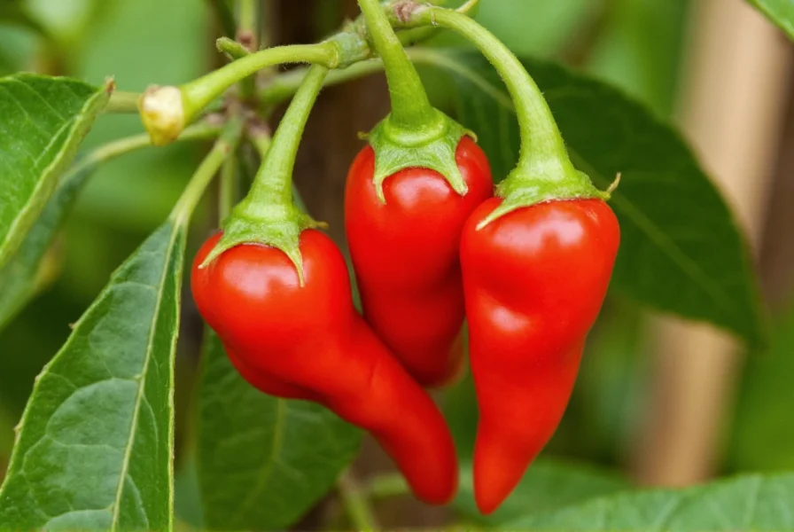 Close-up view of Carolina Reaper peppers showing characteristic red color and pointed tail on plant