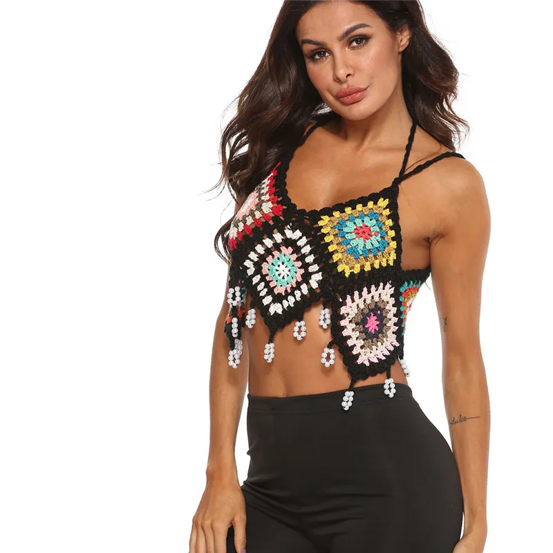 

Crochet Bikini Top Halter Beach Cover Up Retro Floral Beach Tunic Summer Swimwear Outfit